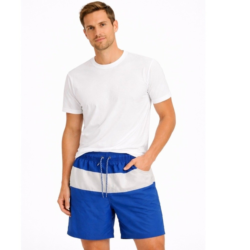 OP Ocean Pacific Swim Shorts Men's Medium Trunks Blue White Stripe Elastic Waist